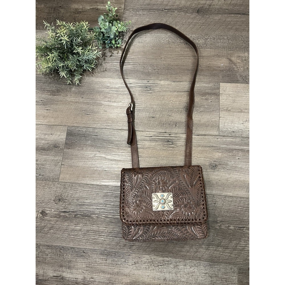 Maverick American West Brown Hand Tooled Floral Leather Western Crossbody Purse